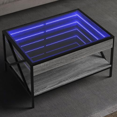 HaoChrymec Couchtisch mit Infinity-LED Grau Sonoma, Holzwerkstoff, Glas und Metall, RGB-LED-Beleuchtung, Modernes Design, Beistelltisch Wohnzimmer, Sofa Tisch, 70 x 50 x 38 cm