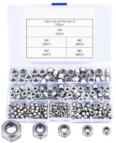 230Pcs 304 Stainless Steel Lock Nuts Set with Organiser Box - M3 M4 M5 M6 M8 Locking Nuts for Vibration Proof & Corrosion Resistance