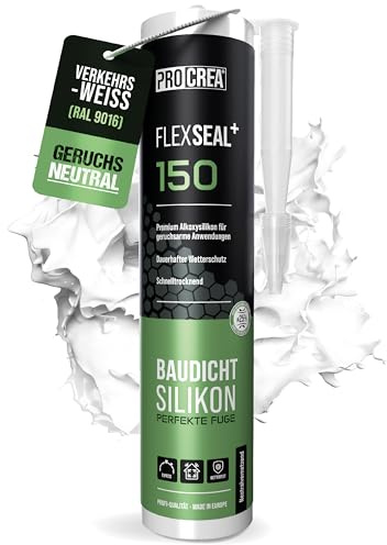 PROCREA® Premium Silikon Flexseal+ 150 (verkehrsweiß) [neutralvernetzend] Hochwertiges Bausilikon zum abdichten im Innen- & Außenbereich - Allwetter Alkoxy-Silicon in weiß RAL 9016 - Profi-Qualität