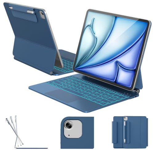 RAYMCRAFT Coque Clavier pour iPad Air 13/iPad Pro 12,9 Pouces(6/5/4/3e Gén) | Support Magnétique Flottant, Rétroéclairage 11 Couleurs, Smart Trackpad, Attache Stylet, Disposition AZERTY, Bleu Foncé