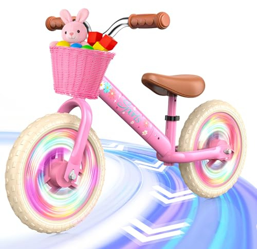 HappyGoLucky 12 Kids Balance Bike 2-5 Year Old Girls Gifts Toys, Outdoor Toys Garden Training Bike, Adjustable Seat 12.6in-17.1in & Handlebars, Carbon Steel Frame, Removable Pink Basket, LED Wheels