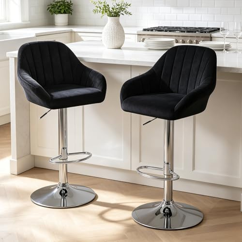Orirsnug Barhocker 2er Set Höhenverstellbar Drehbar Frühstücksstuhl Schwarz | mit Rückenlehne und Armlehnen Küchenstuhl aus Samtstoff,Geeignet für Bar, Theken und Küchen