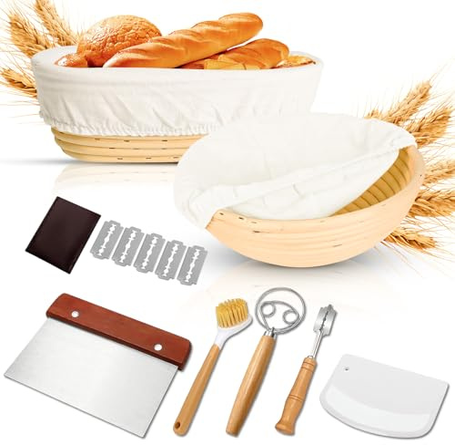 10 Pièces Banneton pour Pain, Panier à Pain Rond 23 cm & Ovale 25 cm avec Grattoir, Mélangeur et Lame, Idéal pour Banneton, Panier à Pain et Levain Maison