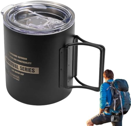Bkljkf Campingmugg i rostfritt stål, campingmugg i rostfritt stål, mjölkmugg med vikbart handtag och lock | bärbar 320 ml för, resor