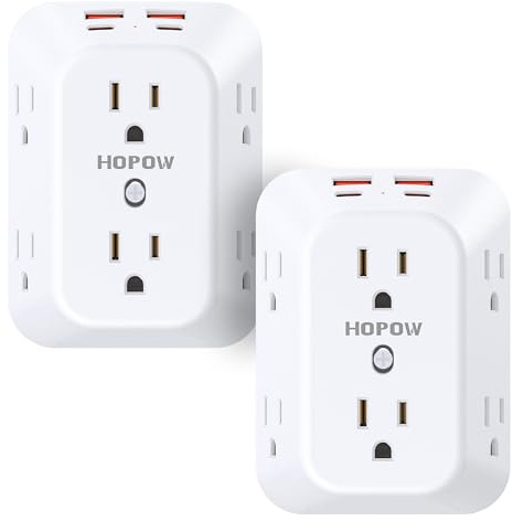 2 Pack Outlet Extender Surge Protector, HOPOW 6 Outlet Splitter with 4 USB Ports (2 USB C), USB Wall Charger, 3-Sided 1050J Multi Plug Wall Outlet, Wall Mount for Home Travel Office Travel, White