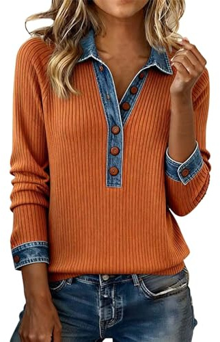 Tröja med denim krage manschetter långärmad v-ringad toppar avslappnad lätt stickad pullover damtröjor, Orange, L