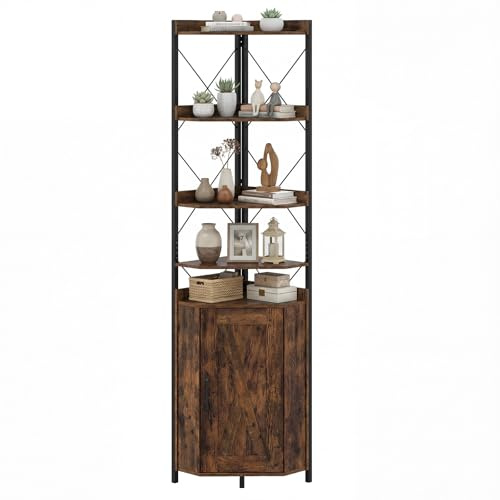 COSTWAY Libreria a 5 Ripiani, Mensola ad Angolo con Spazio di Archiviazione, Armadio ad Angolo con Paraspigoli Anticaduta, Autoportante, con 2 Kit Antiribaltamento, 38 x 38 x 180 cm (Marrone)