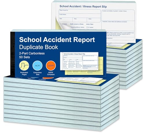 Confezione da 20 quaderni scolastici per incidenti scolastici, 99 mm x 210 mm, libro duplicato in 2 parti, 50 set di rapporti sugli incidenti con entrambe le copie perforate per scuole, asili