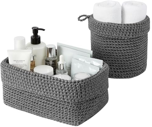 Set di 2 Cestini Intrecciati per Organizzare, Cesto in Corda di Cotone, Impilabile Organizer, Ceste Portaoggetti per Bagno,Cestino Decorativo per Soggiorno,per Cucina, Bagno, Camera da Letto (Grigio)
