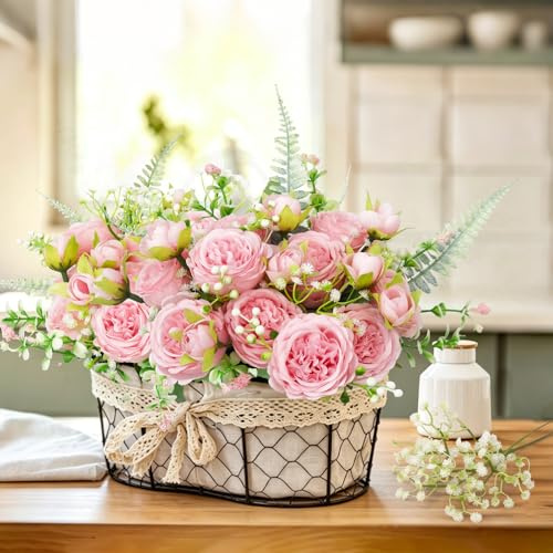 SHEPIN Kunstblumen wie Echt, Künstliche Pfingstrosen Blumen Fake Rosen Schleierkraut Blumenstrauß, Rosa Seidenblumen Kunstblumenstrauß für Hochzeit, Tisch, Blumenarrangement, Haus & Küche Deko