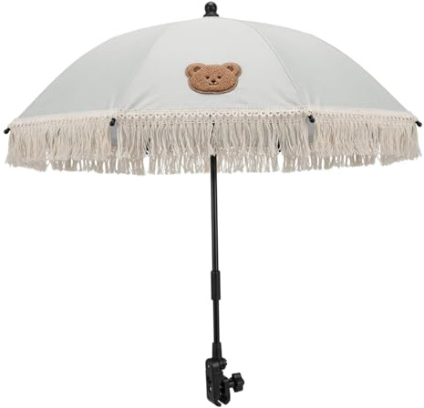 Xdyyjrasa Parasol ajustable para cochecito de bebé con abrazadera, paraguas portátil para silla, bonito bordado de oso y paraguas de encaje para cochecito para caminar al aire libre