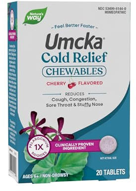 Nature's Way Umcka Cold Relief Chewables, Homeopathic Cold Medicine, Shortens Duration & Reduces Severity of Cough, Congestion, Sore Throat & Hoarseness, Cherry Flavored, Non-Drowsy Tablets, 20 Count