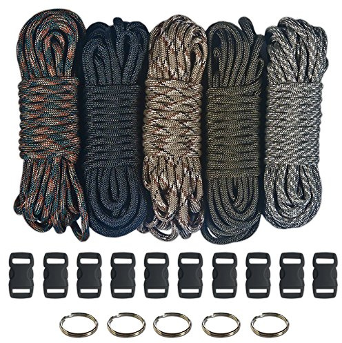 PARACORD PLANET Paracord 550 Kit – Fünf Farben (Olivgrün, ACU, Waldtarnung, Wüstentarnung und Schwarz) 100 Fuß insgesamt mit 10 3/8-Zoll-Schnallen mit schwarzer Seite und (5) 32-mm-Schlüsselringen
