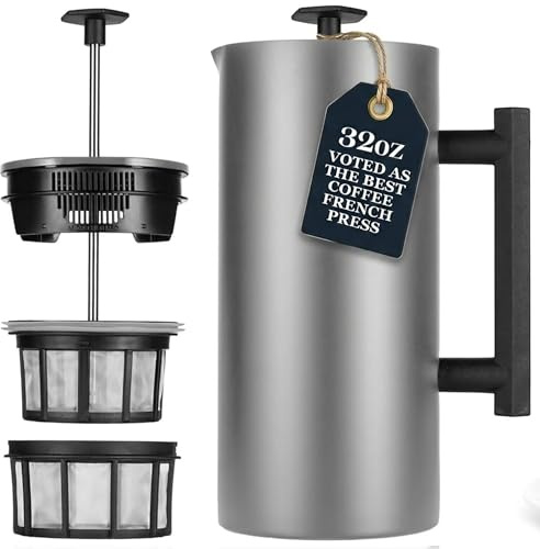 ESPRO – P6 French Press – doppelwandiger, isolierter Kaffee- und Teebereiter aus Edelstahl, 32 Unzen, gebürsteter Edelstahl, 32 Unzen