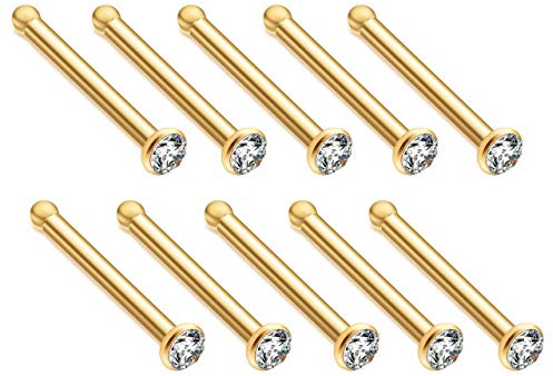 JSDDE Piercing 10 Stück Set Chirurgenstahl Strasssteine Nasenpiercing Nase Gerade Ringe Nasenstecker Nasenringe Fake Körper Piercing Schmuck 8G-14G