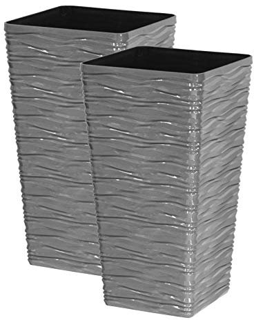 Panache Wave Tall Gloss Plastic Planter - Silver, Set of 2-55cm (H) x 29cm (Dia) - Suitable for Indoor or Outdoor Use.