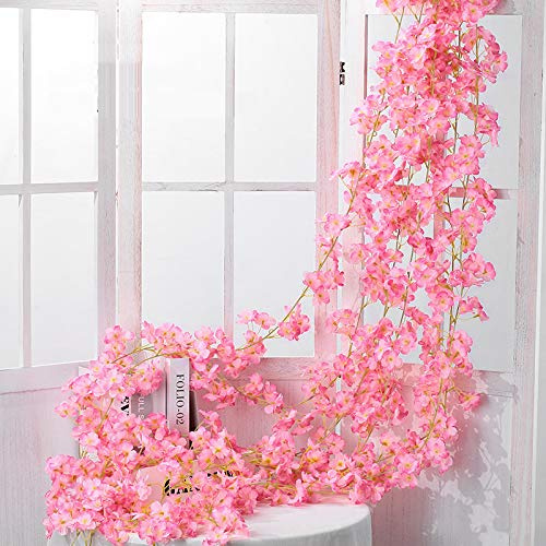 Shiwaki 2PCS 180cm / 70inch Flor Artificial Flor de Cerezo ratán Boda Flor de Cerezo Cuerda de ratán decoración Colgante Flor Decorativa Flor de Cerezo ratán-Rosa Oscuro