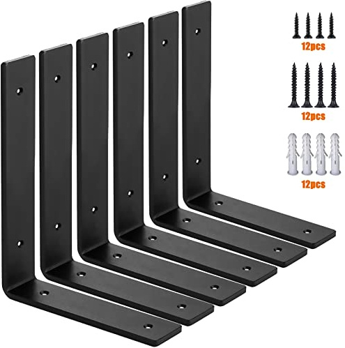 MLOQI 6 Pack Heavy Duty Shelf Brackets, 5mm Thick Scaffold Board L Wall Brackets for Shelves, Black Industrial Shelves Support (8x6/20cm x 15cm)