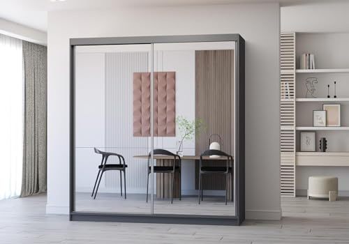 Fabryka Mebli Idźczak Kleiderschrank mit Spiegel, Schiebetüren - Schwebetürenschrank, Schlafzimmerschrank - ‎61 x 203 x 218 cm - Schrank für Schlafzimmer, Wohnzimmer, Garderobe - Weiß, Grau