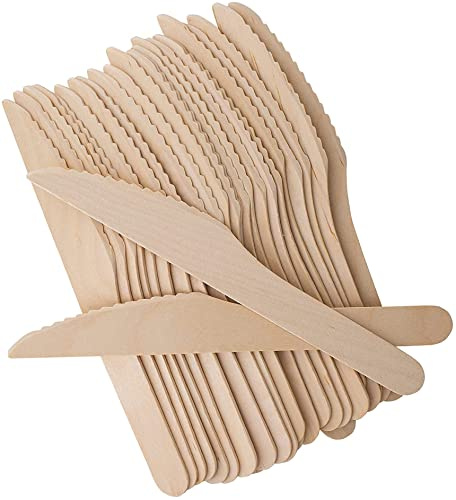 Pack of 100 Disposable Wooden Cutlery Spoons Forks Knives Set Biodegradable Eco Friendly 100% Birch Wood-Sturdy, Christmas, Parties, BBQ, Picnic,s Birthdays, Wedding (100 Knives)