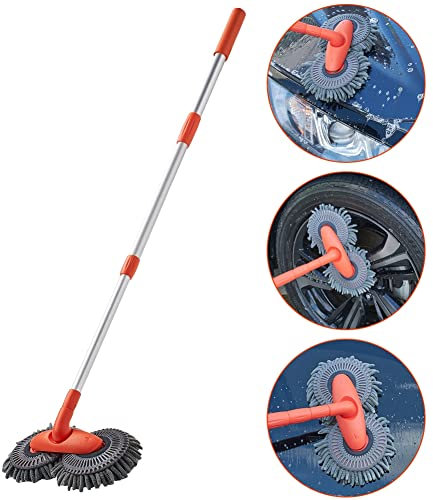JSCARLIFE Car Wash Brush Mop with Long Handle, 360° Rotation Chenille Microfiber Car Cleaning Kit Brush Duster for Cleaning Cars, SUV, Truck and Household Cleaning (Wash Brush with Long Handle)