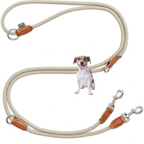 Leisegrün Hundeleine kleine Hunde leicht - Führleine 3m verstellbar mit 2 Karabiner - 3 Meter lang x 0,8 cm - Nur 200 g - Modell Devon - Sand Beige