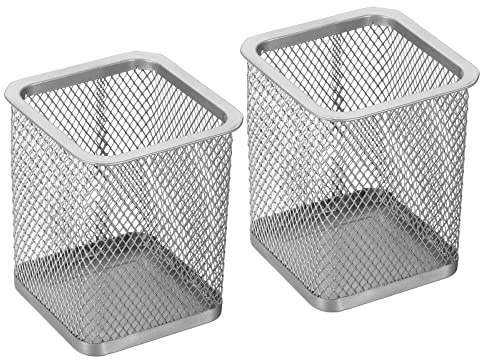 PATIKIL Malla Bolígrafo Soporte, 2 Paquete Portalápices Lápices Cesta Bolígrafo Copa Taquilla Organizador Cuadrado Maquillaje Brocha Soporte para Escritorio Accesorios, Plata
