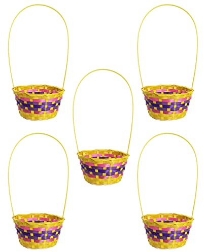 Yellow Easter Basket - Pack of 5 - Large Yellow Basket With Pink and Purple Woven Pattern - Perfect for Easter, Easter Egg Hunts, Easter Bunny Costumes and Other Fancy Dress Events
