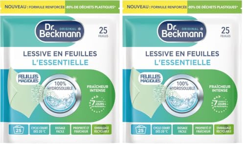 Dr. Beckmann FEUILLES MAGIQUES Lessive L'ESSENTIELLE | Format pré-dosé, pratique et léger | 100% hydrosoluble, facile à utiliser et ranger | 25 feuilles (Lot de 2)