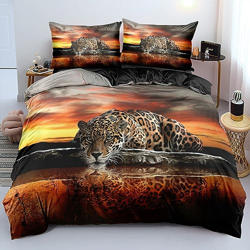 YASMENG 3D Bettwäsche 135x200 Leopard Tiermotiv Gold Orange Bettbezug Set Weich Komfort Mikrofaser Bettwäsche 2teilig für Geschenke Zimmer Deko mit Reißverschluss und 80x80 cm Kissenbezug