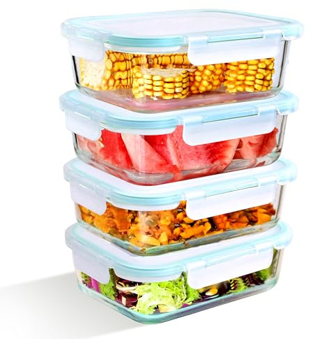 LNWSN Büro Lunchbox Glas Set Erwachsene – 4x1040ML Großvolumen 1040ml Einzeln mit Blauem Deckel | Glasbehälter Mit Deckelmikrowellengeschirr (BPA-Frei)