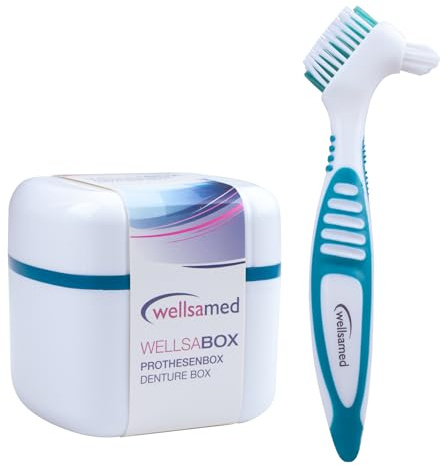 Wellsamed Wellsabox Sparset Prothesendose mit Sieb und Prothesenbürste zur Reinigung der Dritten Zähne, Prothese, Zahnspange, Implantat (Kunststoff)