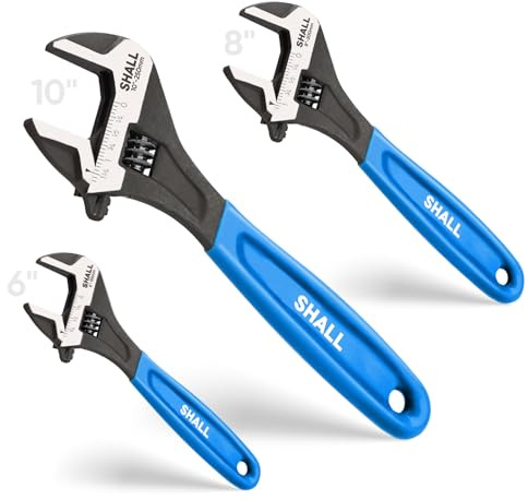 SHALL 3-Piece Adjustable Wrench Set, 10/8/6 Inch Cr-V Steel Wrench with Cushion Grip, Wide Jaw Black Oxide Wrench with Laser-etched SAE Scales for Home, Garage, Workshop and DIY, Dark Blue