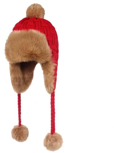 QICHEN Strick Fliegermütze Damen Wintermütze Ohrenschützer Warm Fellmütze Ski Trapper Mütze (DE/NL/SE/PL, Numerisch, 56, 59, Rot)