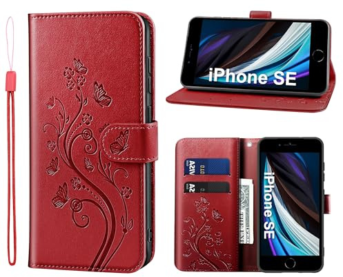 KRAFTCARE Lederhülle kompatibel mit iPhone SE 2022/2020 Hülle, Handyhülle für iPhone 8/7 Premium PU Leder Wallet mit Kartenfach Ständer Klapphülle Schutzhülle für iPhone 7/8/SE, Rot | Premium PU Leder mit Prägung, Kartenfach, Ständer, Magnetic Closure, RFID Blockierung, Flip Wallet Handyhülle, Rot