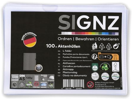 SIGNZ Aktenhüllen (DIN A5, extra starke 120 my), 100 Stück, genarbt, CO2-neutral hergestellt, made in Germany