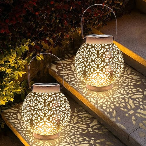 Solarlampen Für Außen Hängend, 2 Stück Antike Bronze Solarleuchten Gartendeko Mit Warmenweiß LED-Glühbirnen, IP65 Wasserdicht Metall Solar Laternen Für Balkon Rasen Terrasse Weihnachten (A-2PCS)