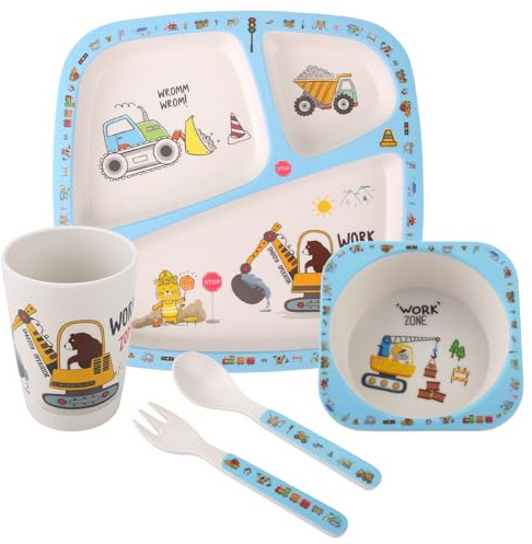 Set di 5 stoviglie per bambini, set di stoviglie per bambini, con piatti per bambini, ciotola, bicchiere, cucchiaio, forchetta, stoviglie in melamina, lavabili in lavastoviglie, senza BPA (veicolo da