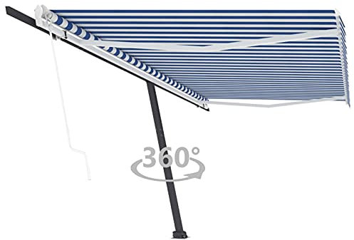 Homgoday Automatische Standmarkise, Blau und Weiß, 500 x 300 cm, verstellbare Markise für Balkon, UV-beständig, verstellbar