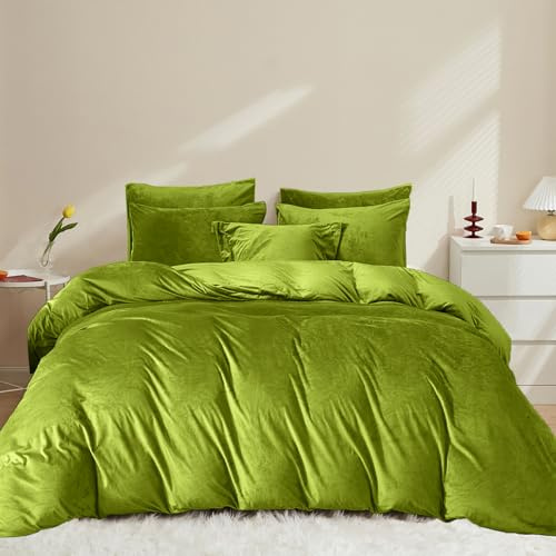 Covebett Flanelle - Funda nórdica de 200 x 200 cm, color verde liso, felpa, para invierno, cálido, funda de edredón de terciopelo ultra suave, ropa de cama para adultos, 2 personas, cremallera y 2
