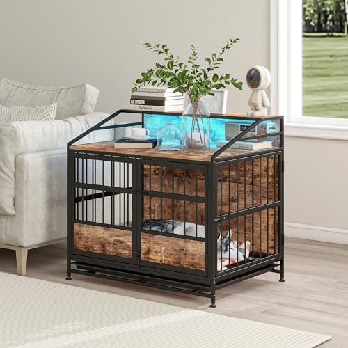 FOUBAM Hundekäfig Möbel, Metall und Holz Hundekäfig mit LED-Licht, Hundehütten mit 2 Türen Innen, Haustier Welpenbox Endtisch für Mittelgroße/Große Hunde, Heavy Duty Hundehütte, Rustikal Braun und