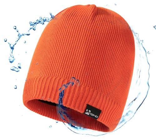 TOP-EX DryKnit™ wasserdichte Merino L Beanie Mütze Herren Damen Wolle Wintermütze Warm Fleece Strickmuetze Regenmütze Orange
