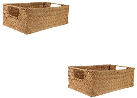 2pcs Rectangular Bamboo Weaving Rattan Baskets with Lid for Towel Storage Laundry Hamper and Sundries nization Ideal for Closet Wardrobe Clothes Fruit Toys and Baby Grass Storage