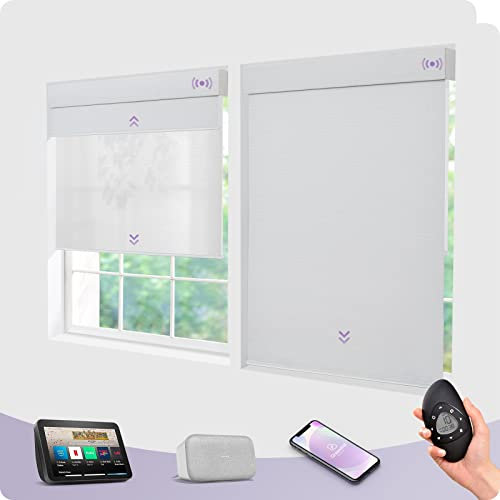 Electric Smart Dual Roller Blinds with Rechargeable Motor Remote Control and Alexa Google Compatible White Blackout & Light Filtering Window Shades