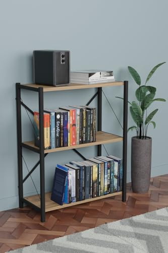 Libreria Scaffale per Libri da Pavimento, Libreria a Ripiani, Mensole in Legno e Struttura in metallo, Scaffale per Libri, Espositore per Casa, Ufficio, Soggiorno (ROVERE, 3 RIPIANI - BASSA)