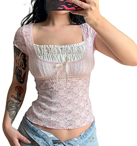 Y2K Fairy Grunge Crop Top for Women Lace Patchwork Square Neck Short Sleeve T-Shirt Vintage E-Girls Top Tees (Pink, S)