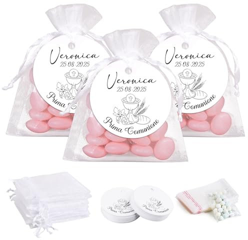 BOFUNX 50 Set Gastgeschenke für Erstkommunion, 100pcs Cellophantüten + 50pcs Organzasäckchen + 50pcs Geschenkanhänger