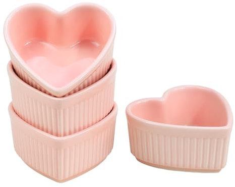 Souffle Dishes Ramekins Set of 4 - Heart-Shaped Porcelain for Souffle, Creme Brulee, and Dipping Sauces - 3.5 Inches