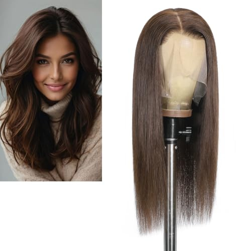 Larafona Perücke Damen Lace Front Echthaar Mittelbraun 4# Glatt 100% Remy Human Hair Wig Transparent Lace (13X4inch) Pre-plucked with Baby Hair 16inch/40cm