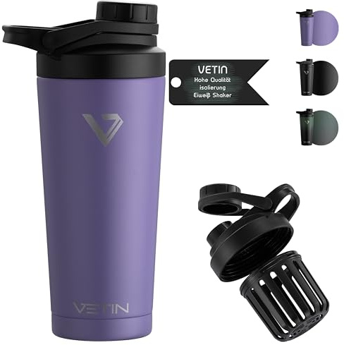 VETIN Thermo Protein Shaker, Proteinshake Edelstahl 750 ml | Doppelwandige Isolierung, Integrierte Messskala, Auslaufsicher, Abnehmbares Deckel-Sieb, für Fitnessstudio oder Outdoor-Sport